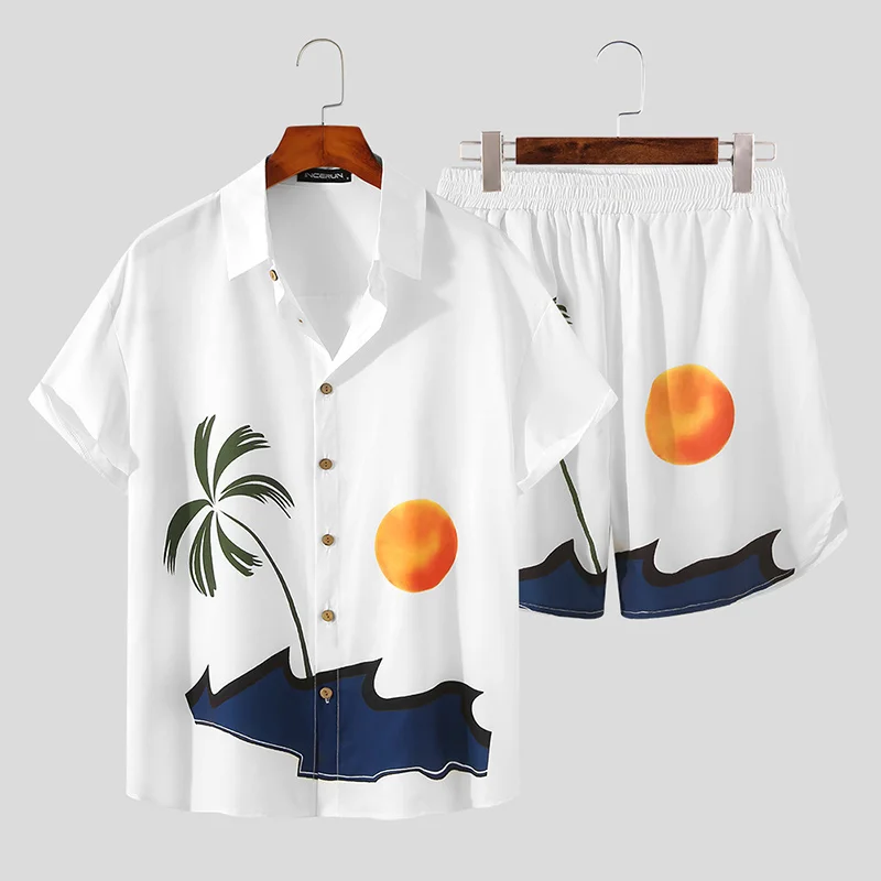 Летние мужские пляжные комплекты 2023 года, Уличная одежда, рубашка с лацканами и коротким рукавом, Шорты с принтом, Дышащие Повседневные мужские гавайские костюмы, 2 шт.