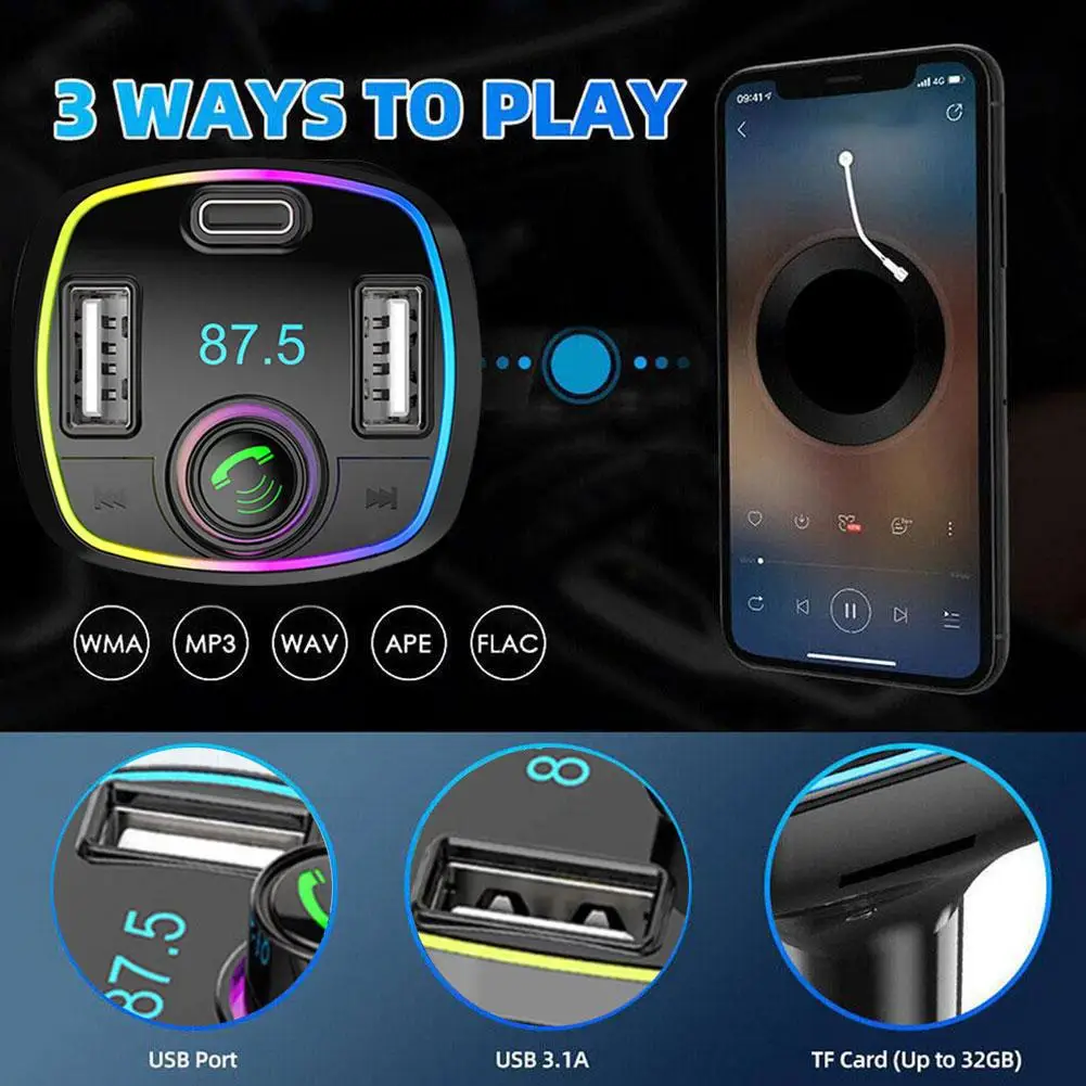 Автомобильный Bluetooth 5,0 FM-передатчик PD Type-C Двойной USB Быстрый Окружающий Свет 3.1A Красочный Модулятор Плеер MP3 Зарядное Устройство Громкой Связи S7I3