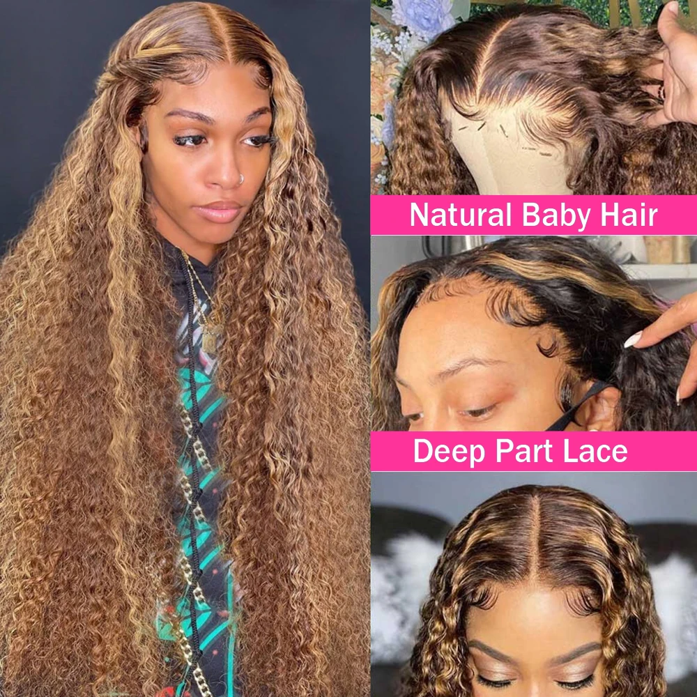 30-32-дюймовый фронтальный парик Honey Highlight Deep Wave 13x4 13x6 Hd Кружевные фронтальные парики цвета Омбре, вьющиеся парики из человеческих волос для женщин