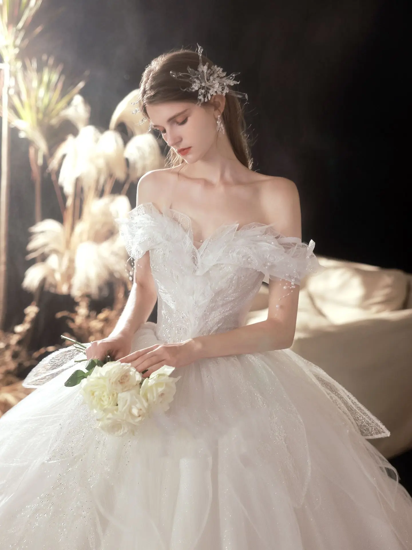 Бежевое основное свадебное платье Звездного неба, пышная юбка на одно плечо для новой невесты