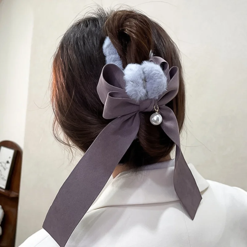 Корейская осенне-зимняя бархатная заколка для волос с бантом и лентой, жемчужные заколки для женщин, Pinces A Barette Cheveux Femme
