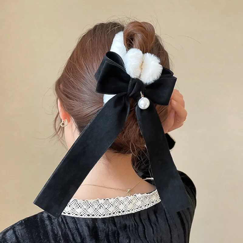 Корейская осенне-зимняя бархатная заколка для волос с бантом и лентой, жемчужные заколки для женщин, Pinces A Barette Cheveux Femme
