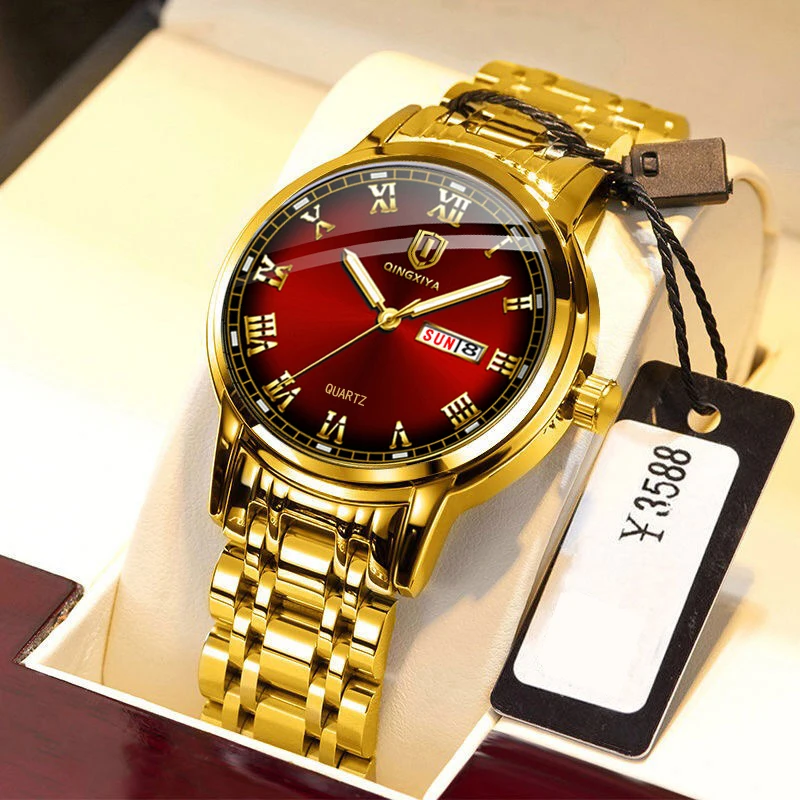 QINGXIYA Модные мужские кварцевые часы лидирующий бренд, роскошный золотой ремешок из нержавеющей стали, водонепроницаемые светящиеся часы с датой недели для мужчин