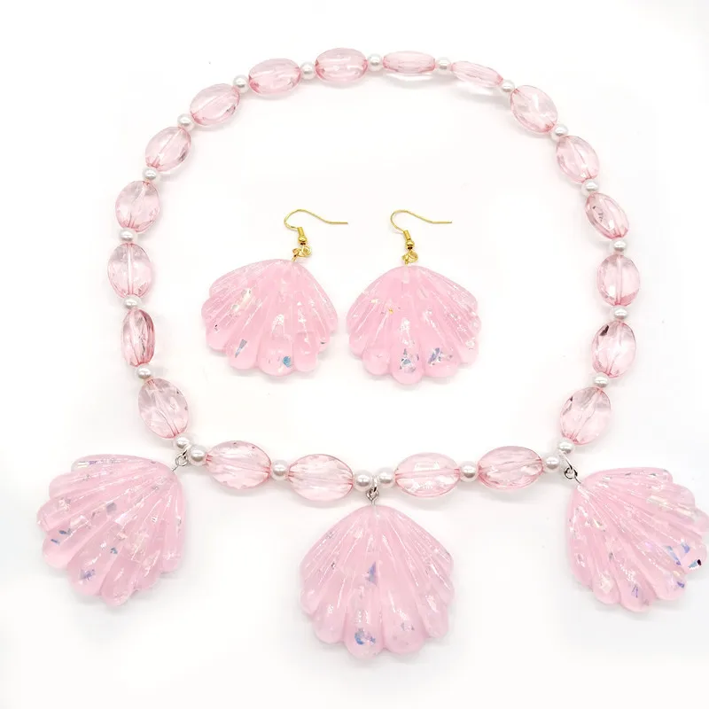 Комплект украшений в виде розовых морских раковин, Милые серьги, ожерелье, браслет, Нежный кулон, аксессуары в стиле принцессы-Русалки