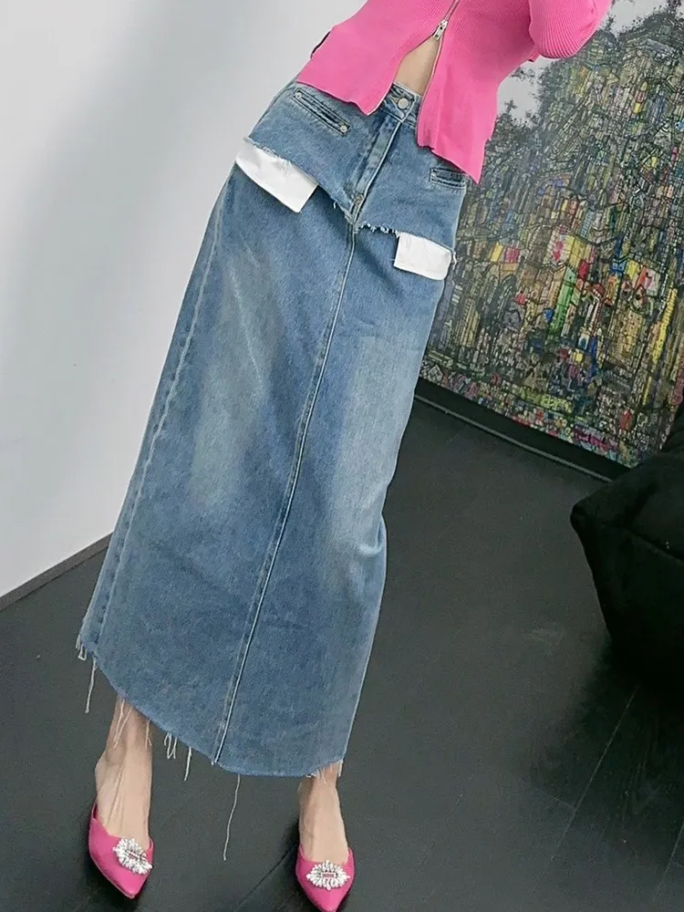 Повседневные джинсовые юбки с карманами в стиле пэчворк VGH, Высокая талия, необработанный подол, Прямая однотонная юбка, Летняя женская модная одежда 2023 года