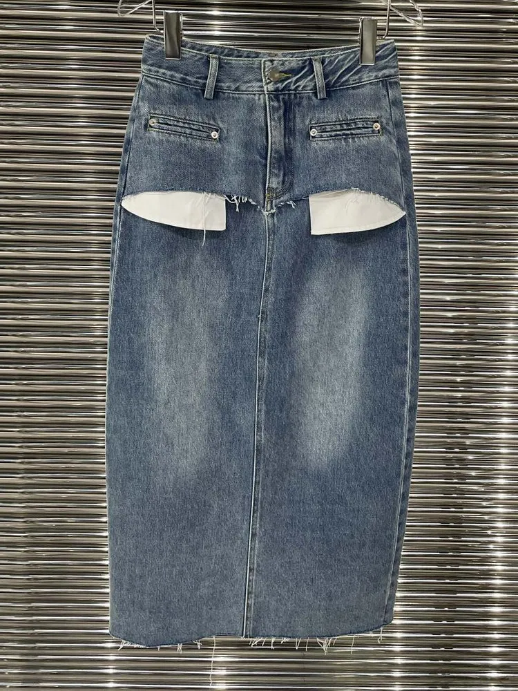 Повседневные джинсовые юбки с карманами в стиле пэчворк VGH, Высокая талия, необработанный подол, Прямая однотонная юбка, Летняя женская модная одежда 2023 года