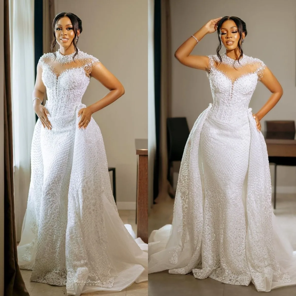 Классические свадебные платья русалки с высоким воротом из бисера и пайеток со съемными рукавами-шлейфами, кружевные аппликации, свадебные платья Vestido
