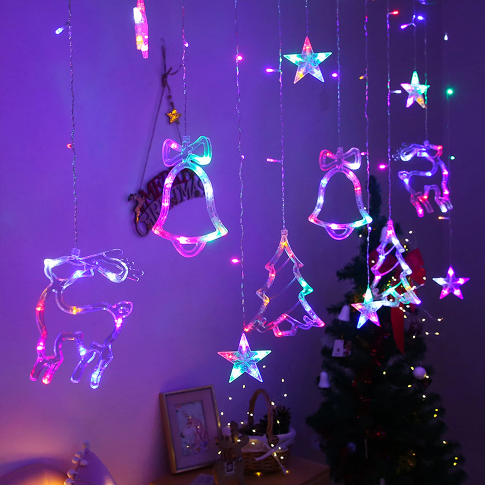 Светодиодные рождественские огни, подвесные светильники в форме рождественской елки / колокольчика / Звезды / Лося, принадлежности для декора Рождественской вечеринки