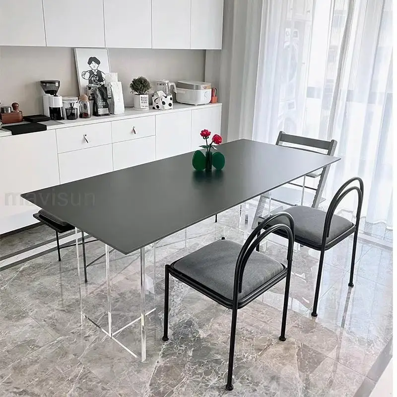 Дизайнерский обеденный стол Mavisun, Прозрачная акриловая основа, прямоугольник для рабочего стола из камня 12 мм, Лаконичный современный кухонный стол и стулья