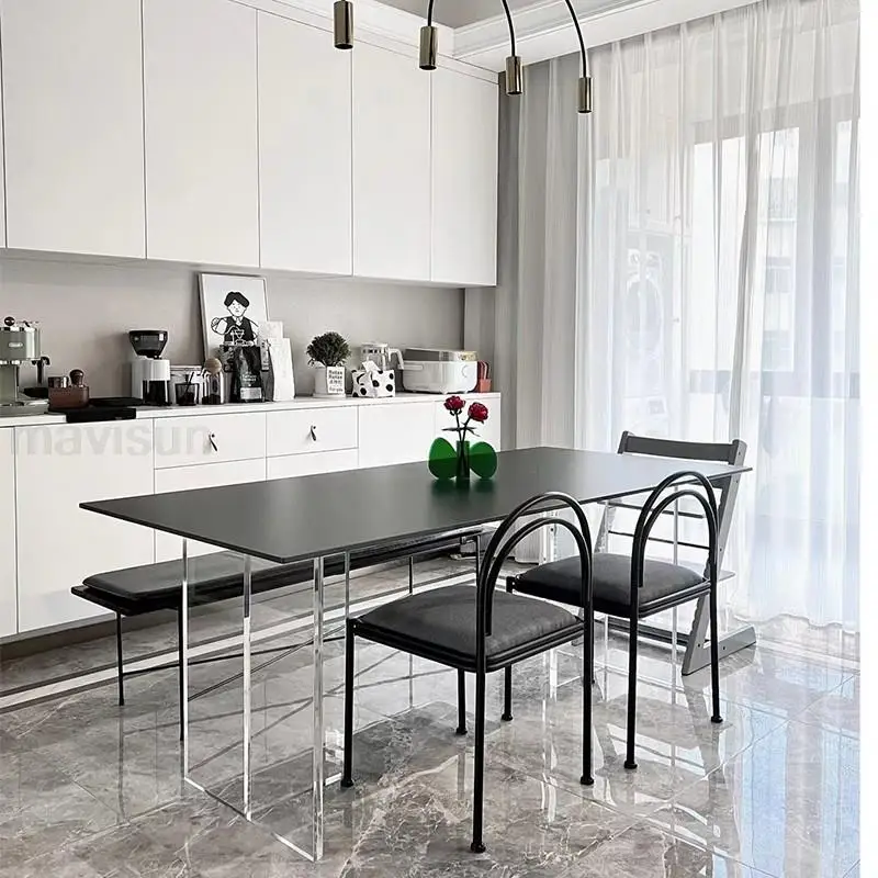 Дизайнерский обеденный стол Mavisun, Прозрачная акриловая основа, прямоугольник для рабочего стола из камня 12 мм, Лаконичный современный кухонный стол и стулья