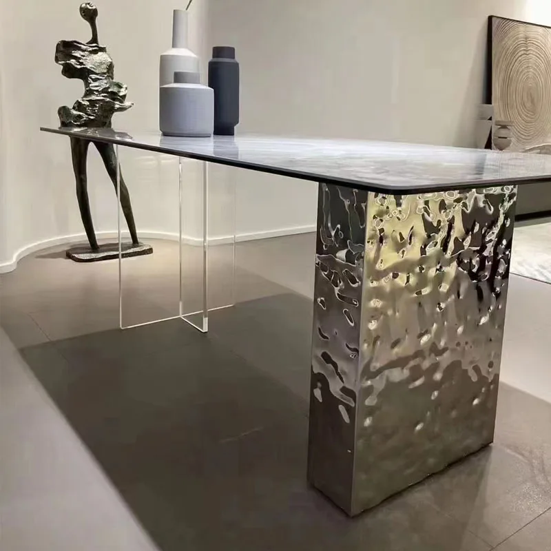 Легкий роскошный обеденный стол в скандинавском стиле из акрила и нержавеющей стали с рябью на воде, из каменной плиты небольшого размера
