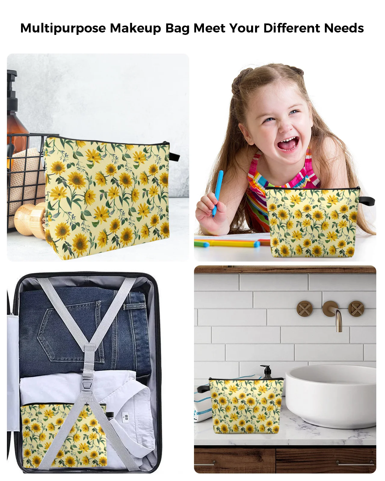 Желтая косметичка с подсолнухом, сумка для путешествий, женские косметические сумки, органайзер для туалета, пенал для хранения детей.