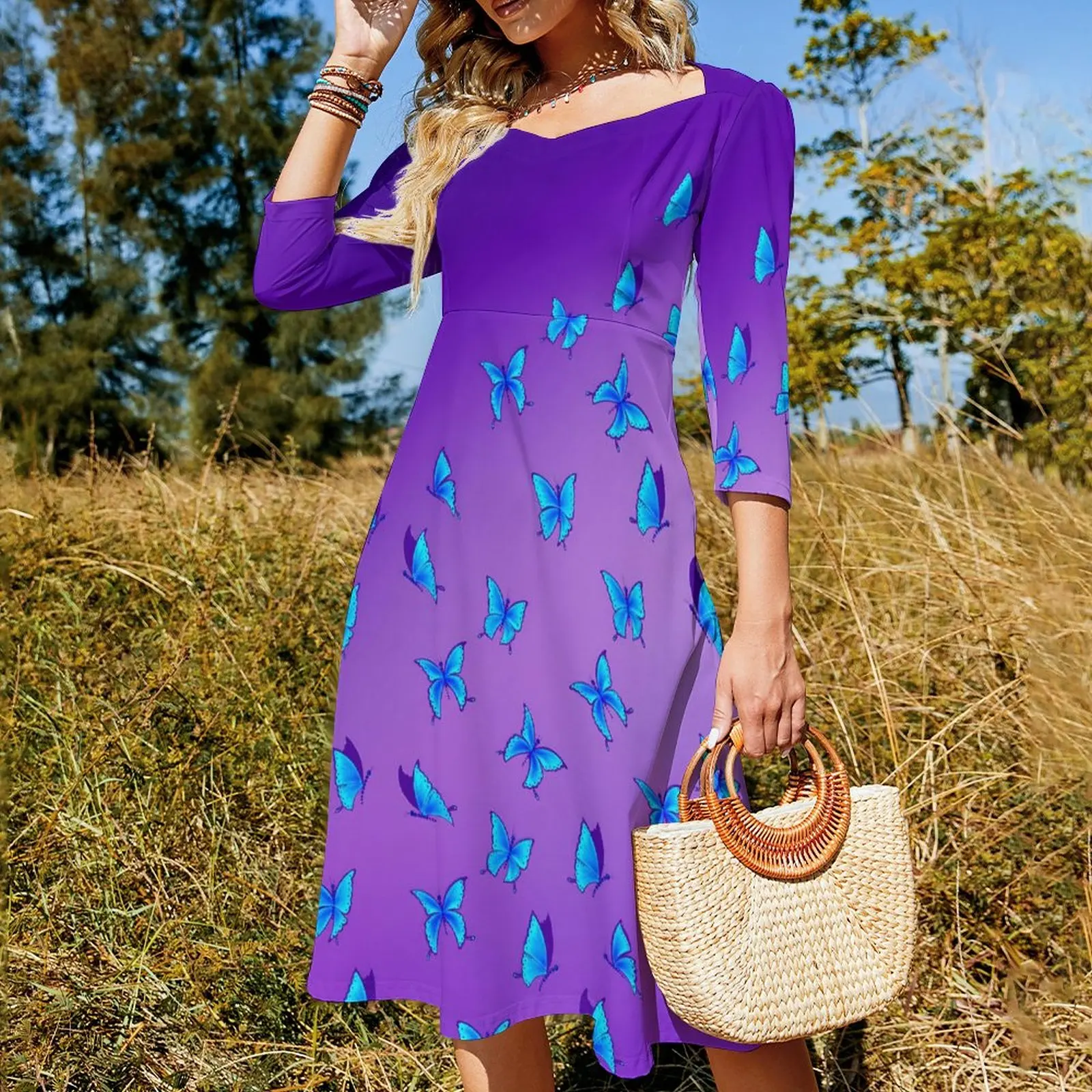 Повседневное платье с принтом бабочки СинеФиолетовые Милые платья Летнее Сексуальное Эстетичное платье с квадратным воротником на заказ Большого размера 4XL 5XL