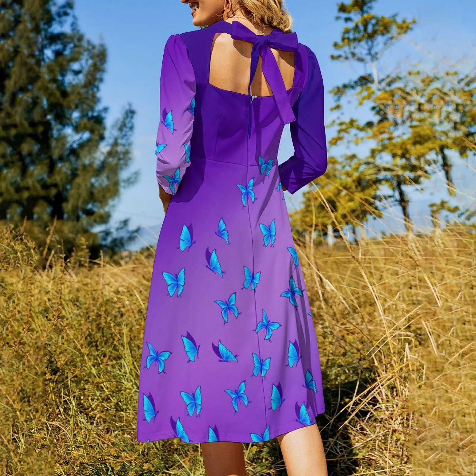 Повседневное платье с принтом бабочки СинеФиолетовые Милые платья Летнее Сексуальное Эстетичное платье с квадратным воротником на заказ Большого размера 4XL 5XL