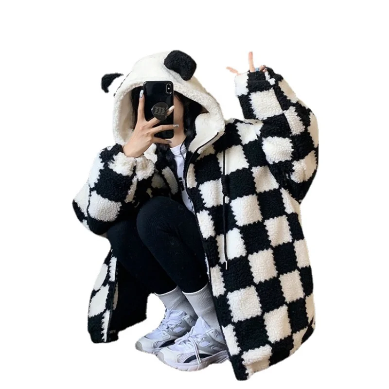 QNPQYX Новая Крупногабаритная Свободная куртка из искусственного овечьего флиса в шахматном порядке Harajuku, Пушистое пальто, Женская уличная одежда в стиле хип-хоп, Зимняя Пушистая куртка