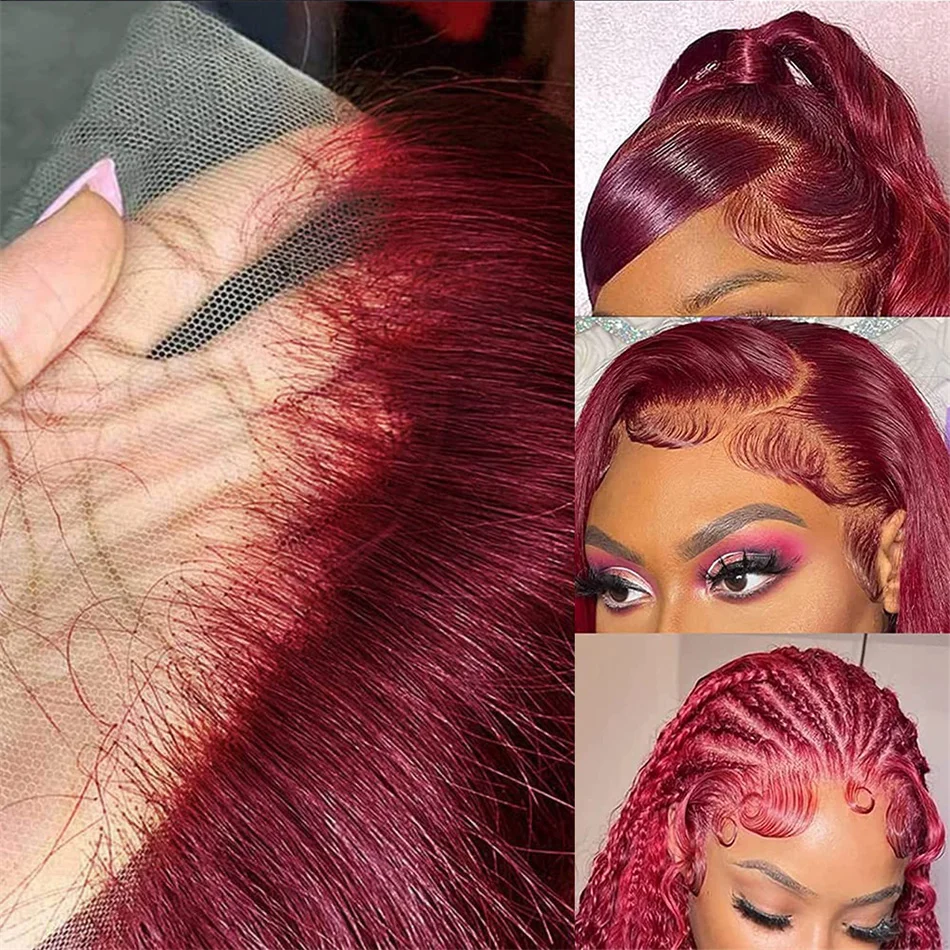 13X4 Объемная Волна 99J Бордово-Красного Цвета Синтетические Волосы На Кружеве Человеческих Волос Парики Для Женщин Предварительно Выщипанный Бразильский Прозрачны