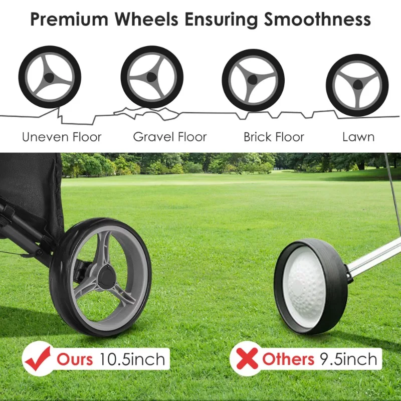 Складная трехколесная тележка для гольфа Gymax Push Pull Cart с регулируемой ручкой, серая
