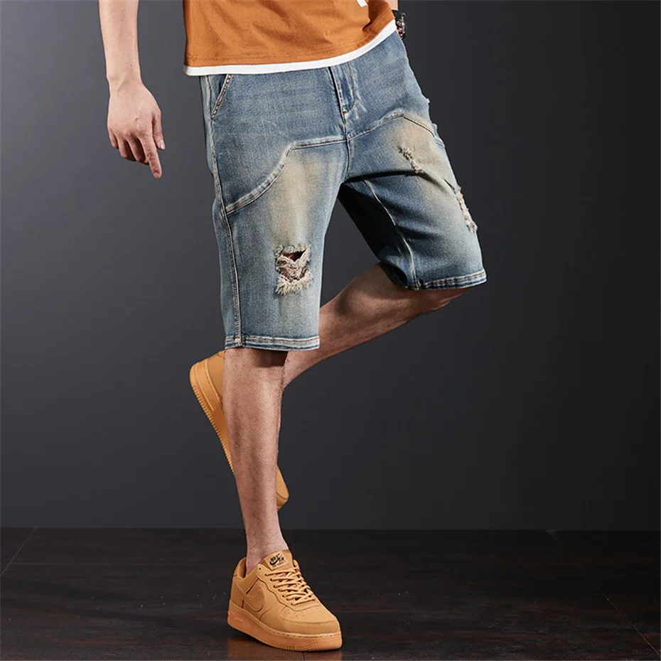 Рваная джинсовая ткань, мужские винтажные джинсы, мешковатые шорты-карго, модная уличная одежда, Короткие брюки, мужские большие размеры 44
