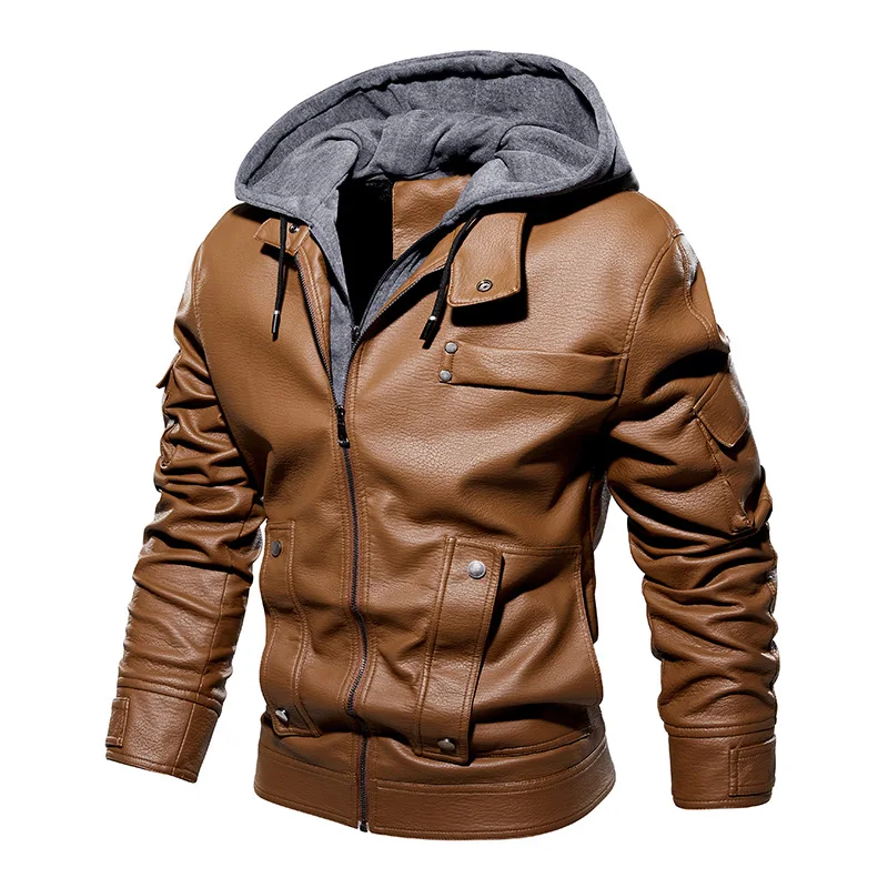 2023 Высококачественная кожаная куртка мужская коричневая черная мотоциклетная куртка из искусственной кожи со съемным капюшоном, мужская куртка из искусственной кожи, пальто