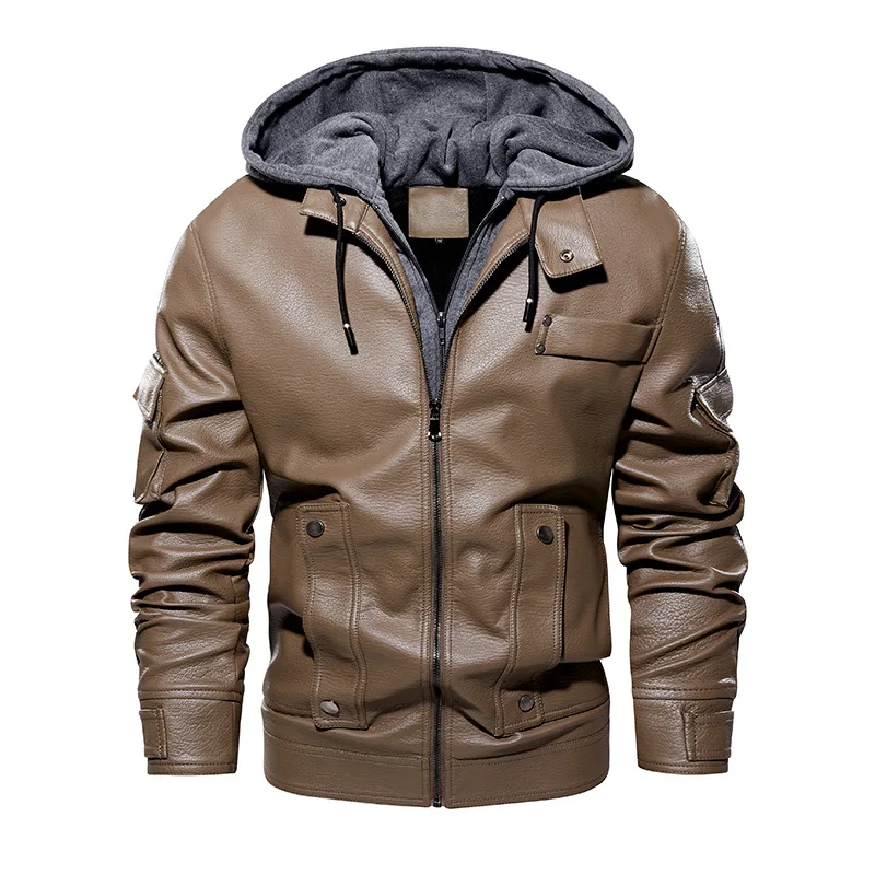 2023 Высококачественная кожаная куртка мужская коричневая черная мотоциклетная куртка из искусственной кожи со съемным капюшоном, мужская куртка из искусственной кожи, пальто