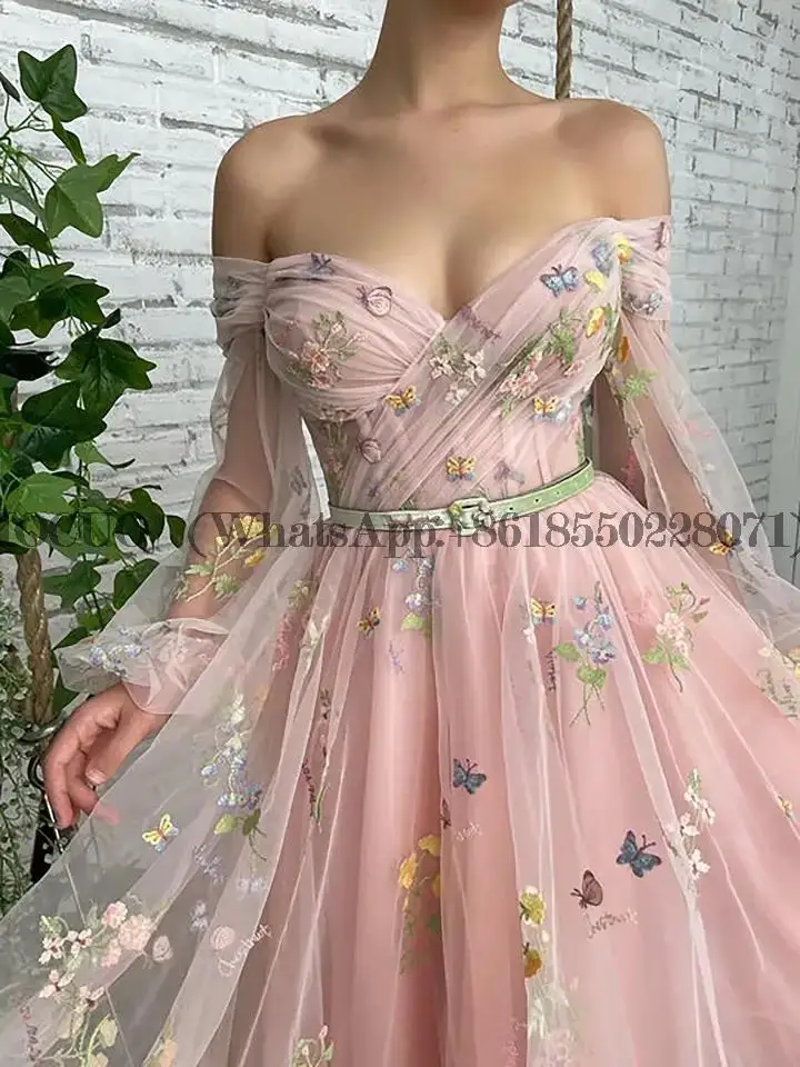 Элегантное розовое платье в цветочек для выпускного вечера, Очаровательное платье трапециевидной формы, Милая Иллюзия, Вечерние платья с длинным рукавом и открытыми плечами, женские
