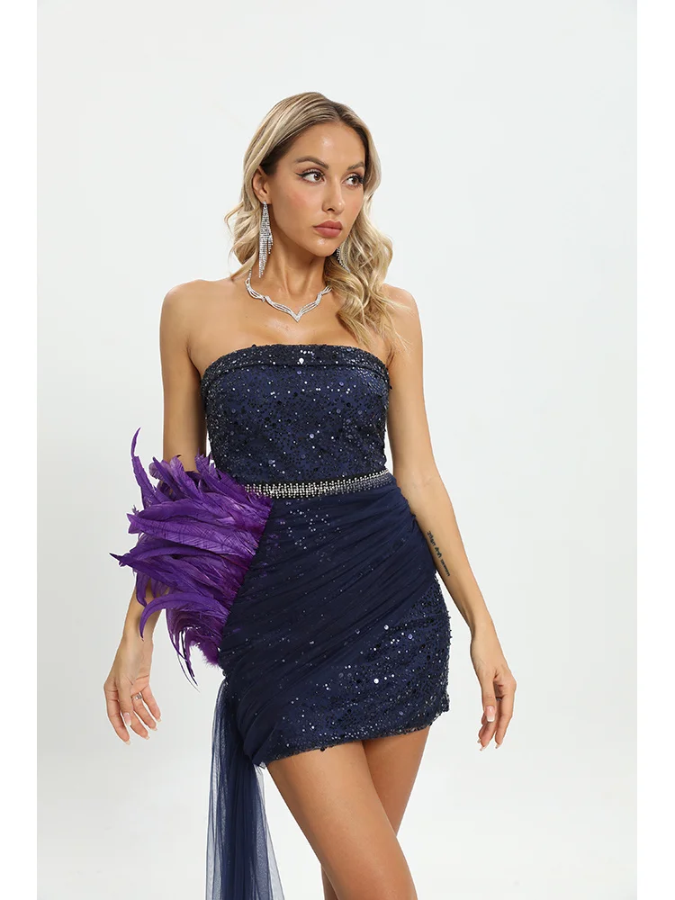 Летнее женское Сексуальное модное платье без бретелек с перьями, блестящими пайетками, темно-синее бандажное платье знаменитости, элегантное вечернее платье Vestido