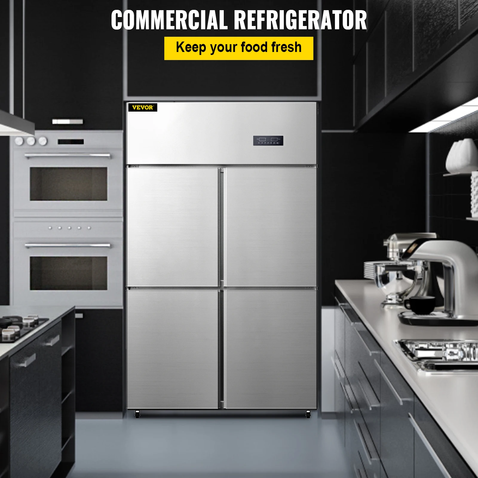 Коммерческий 4-дверный вертикальный холодильник VEVOR объемом 27,5 куб. футов из нержавеющей стали с двойным контролем температуры для кухни ресторана