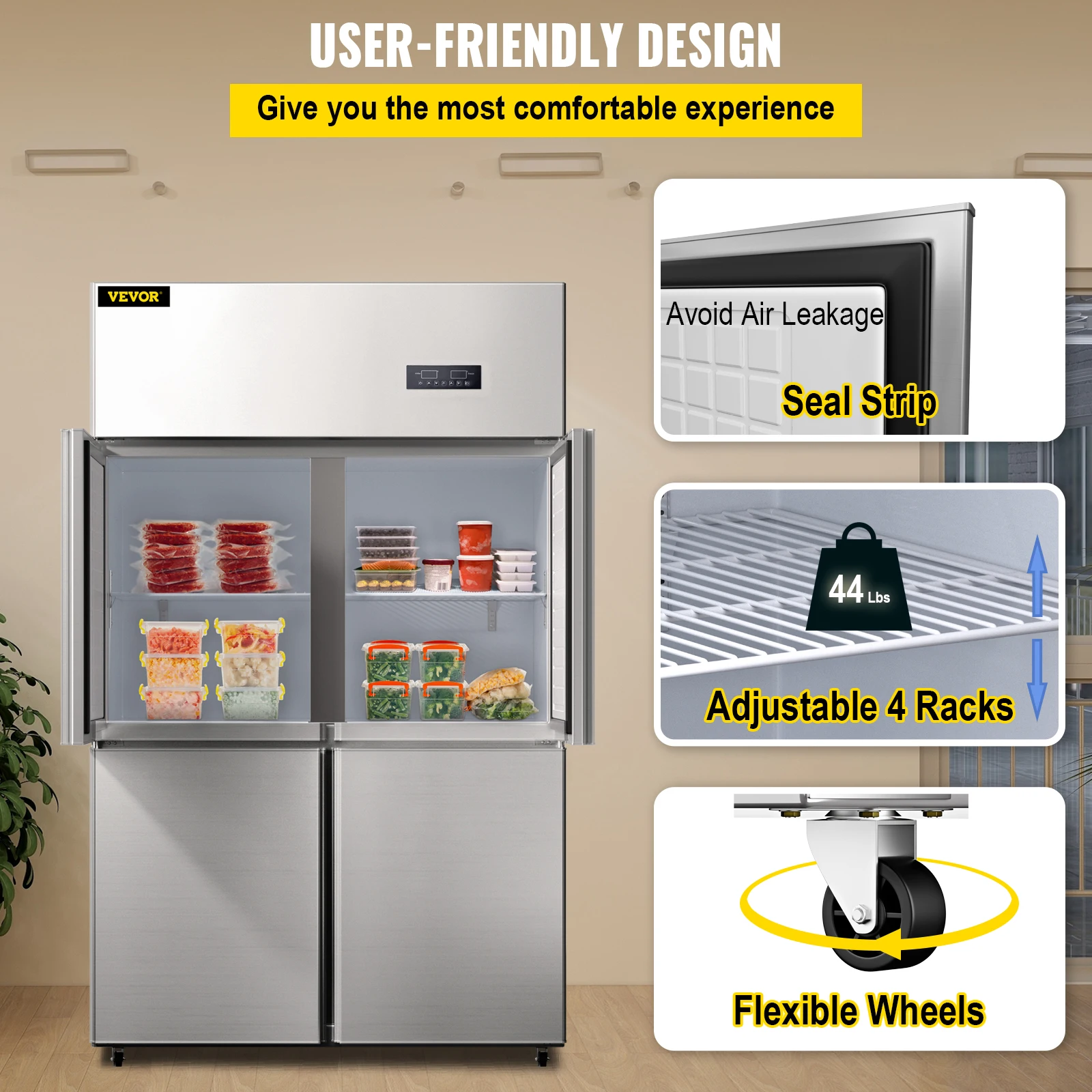 Коммерческий 4-дверный вертикальный холодильник VEVOR объемом 27,5 куб. футов из нержавеющей стали с двойным контролем температуры для кухни ресторана