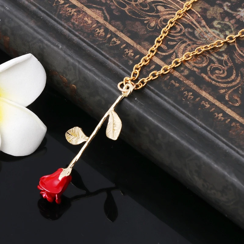 Ожерелья с подвеской в виде 3D Красной розы, стильная красавица и чудовище, ожерелье с золотым наполнением, ювелирные подвески, Приветственный подарок для женщин и девушек