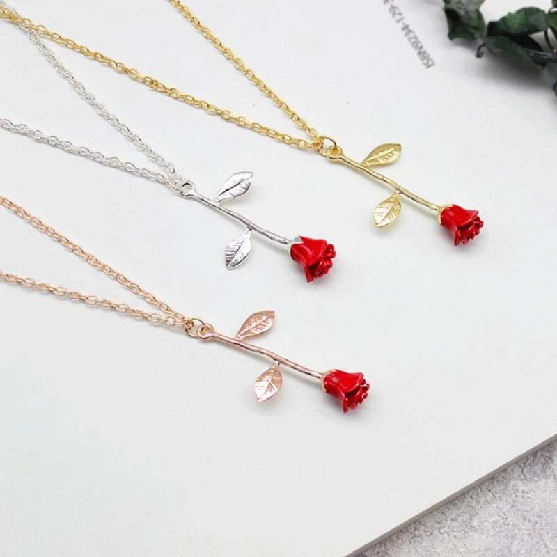 Ожерелья с подвеской в виде 3D Красной розы, стильная красавица и чудовище, ожерелье с золотым наполнением, ювелирные подвески, Приветственный подарок для женщин и девушек