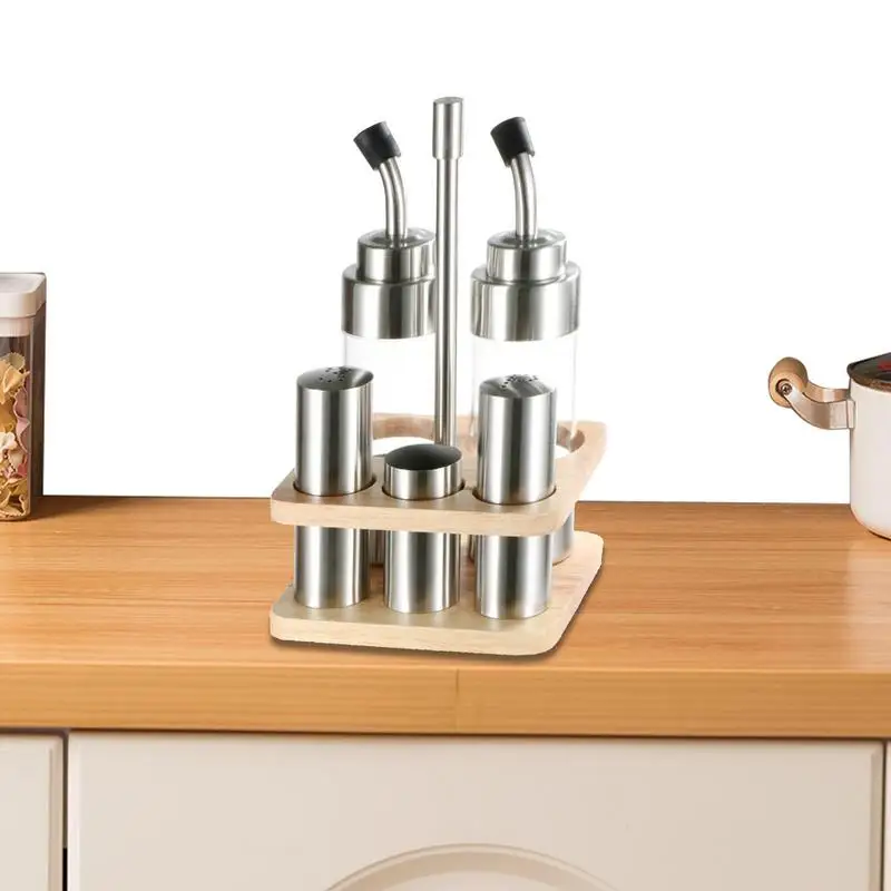 Набор кухонных бутылочек для приправ с деревянной подставкой, Многоразовый дизайн, Полупрозрачный держатель для бутылочек для перца, Инструменты для кухонного стола для приготовления пищи
