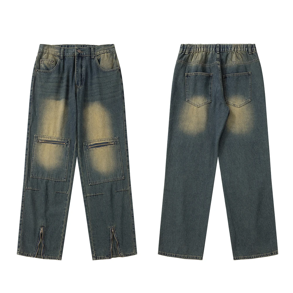 Уличная одежда, застиранные карманы на молнии, застиранные мешковатые джинсовые брюки Y2k, мужские и женские джинсовые брюки с эластичной резинкой на талии в стиле пэчворк, размер оверсайз