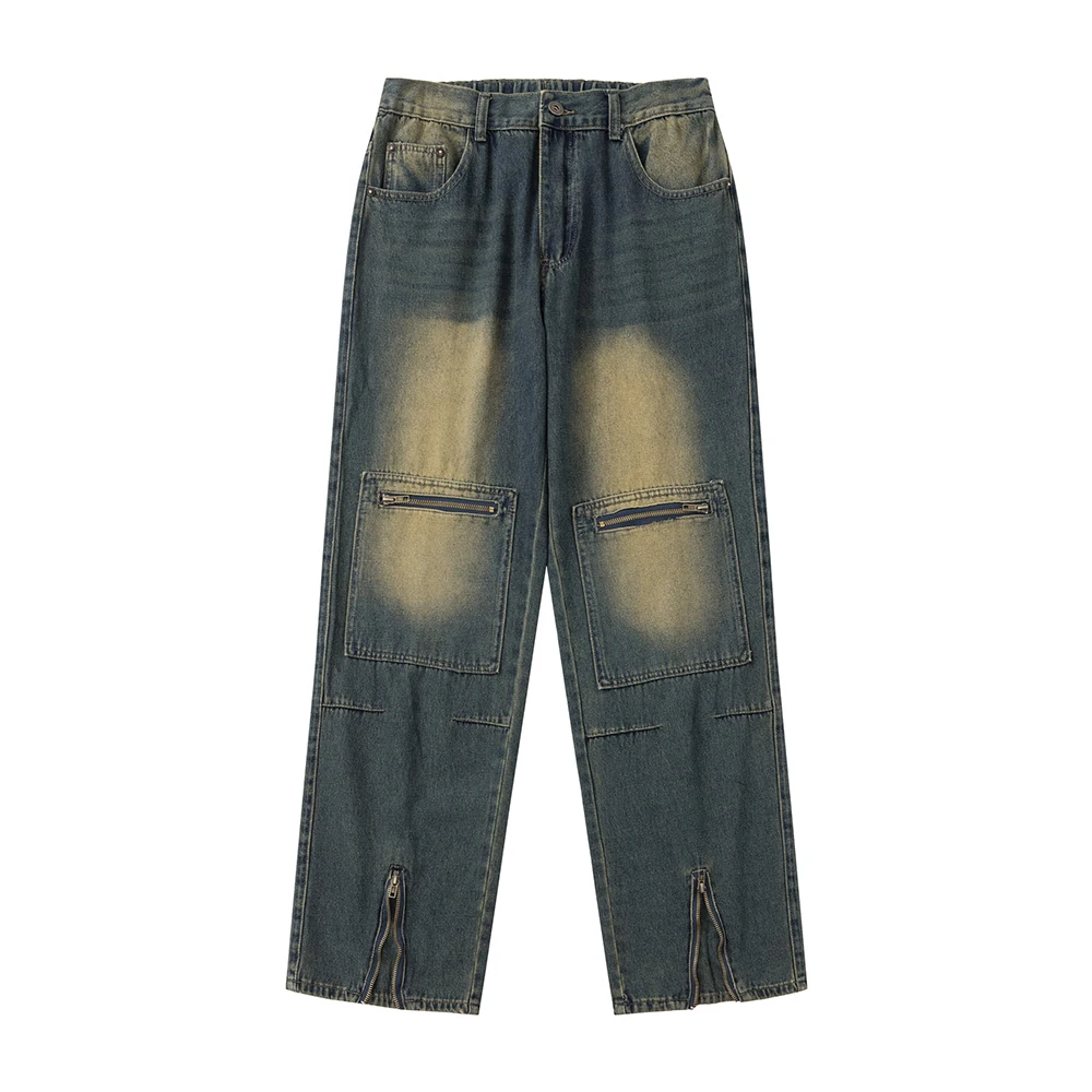 Уличная одежда, застиранные карманы на молнии, застиранные мешковатые джинсовые брюки Y2k, мужские и женские джинсовые брюки с эластичной резинкой на талии в стиле пэчворк, размер оверсайз