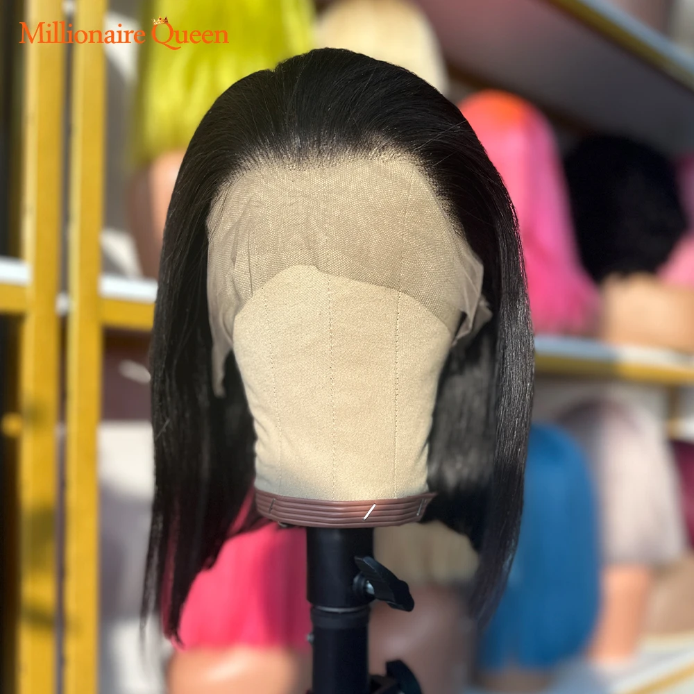 Натуральный Черный короткий прямой парик Боб 13x4, Прозрачные кружевные фронтальные парики из 100% человеческих волос, парики 180 плотности для женщин