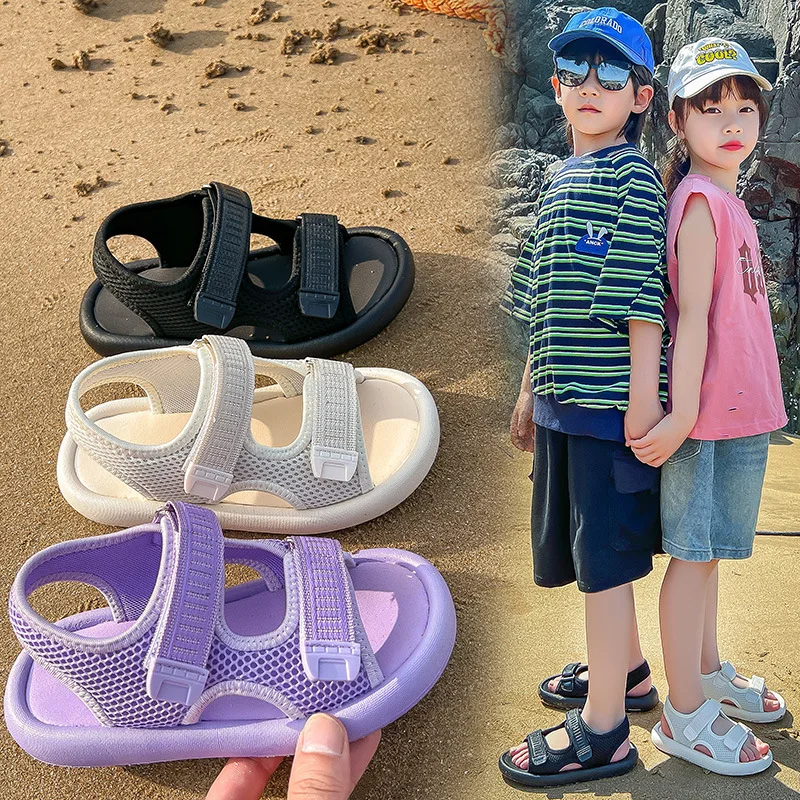 Детские спортивные сандалии, повседневная обувь для мальчиков и девочек, мягкая воздушная сетка, однотонная летняя пляжная обувь для детей из детского сада, мягкая Новинка 2023 года
