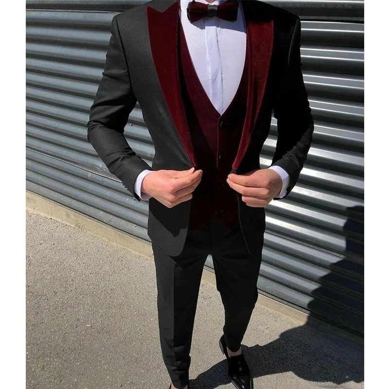 Черные мужские костюмы Бордовый Бархатный Жилет Costume Homme Slim Fit Prom Terno Masculino Блейзер Одежда для жениха 3 шт. (Куртка + Брюки + Жилет)