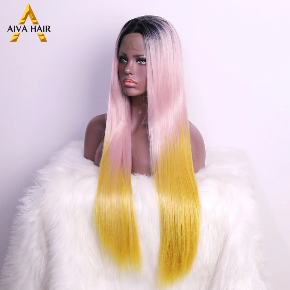 Розовый синтетический парик на кружеве 13X4 цвета омбре, длинный прямой желтый парик, бесклеевые предварительно выщипанные термостойкие парики для косплея для женщин 180%