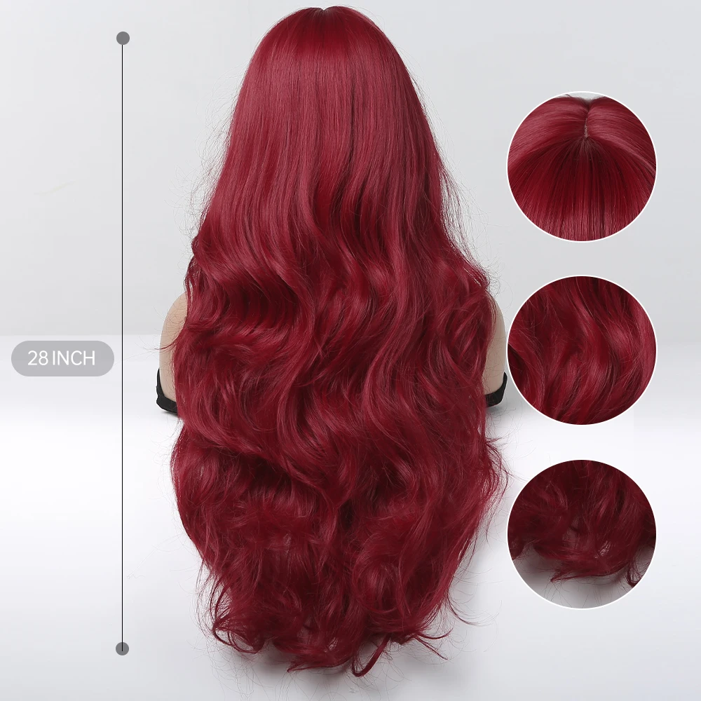 Длинные волнистые синтетические парики винно-красного бордового цвета, парики с челкой для афроамериканок на каждый день, Хэллоуин, Косплей, вечеринка, Термостойкие накладные волосы