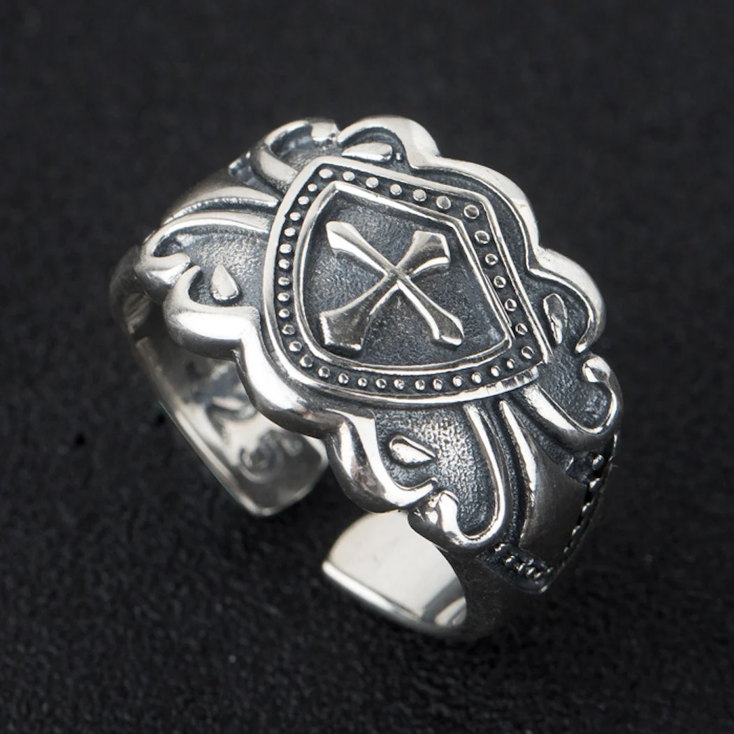 Ретро аксессуары Тайский серебряный крест армейский щит кольцо для мужчин, модные украшения личность властный рыцарь модное мужское кольцо