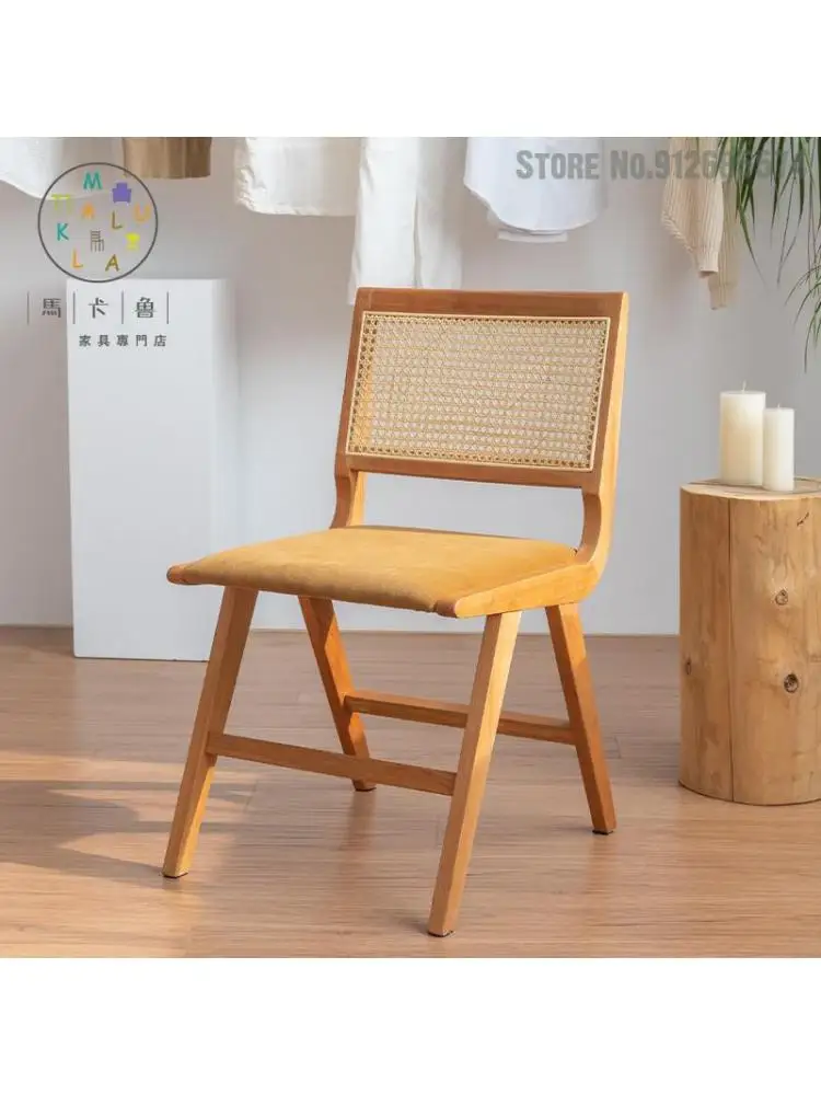Обеденный стул Современный минималистичный бытовой из массива дерева, настоящего ротанга, в японском стиле, спинка для кровати и завтрака, легкая роскошная