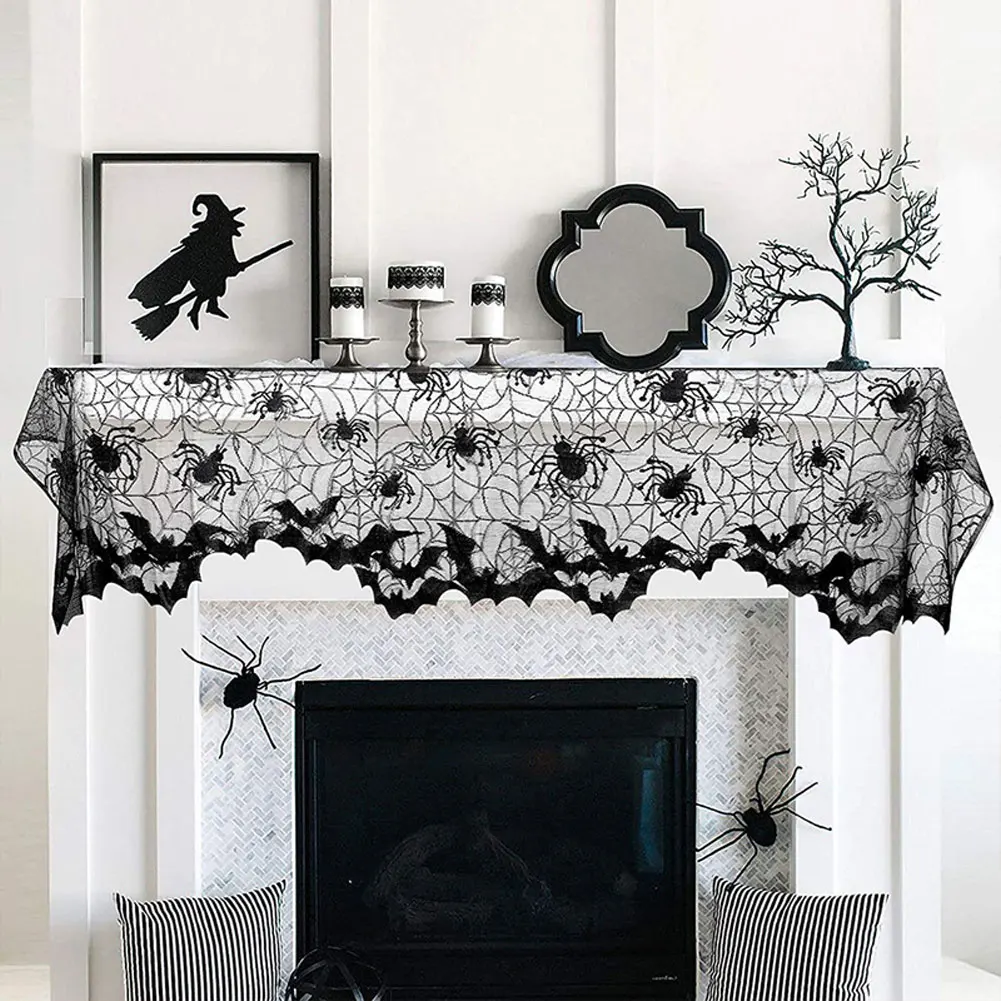 Хэллоуин, черная кружевная скатерть с черепом, украшенная паутиной, Черный камин, украшения для домашней вечеринки