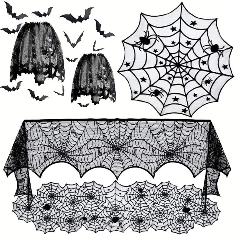 Хэллоуин, черная кружевная скатерть с черепом, украшенная паутиной, Черный камин, украшения для домашней вечеринки