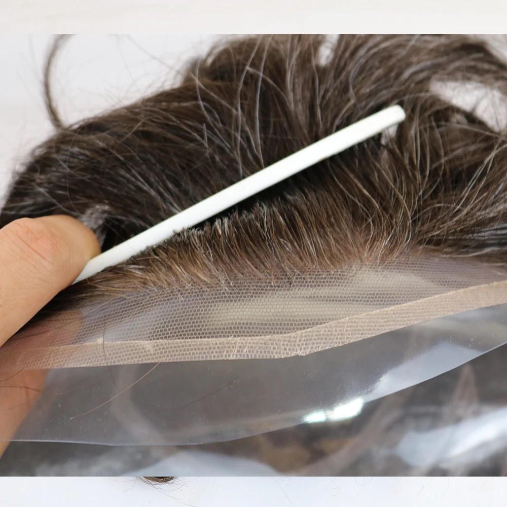 Отбеливающие узлы кружева спереди из человеческих волос Мужской парик с сединой Натуральная линия роста волос Versalite Дышащая система замены волос Remy