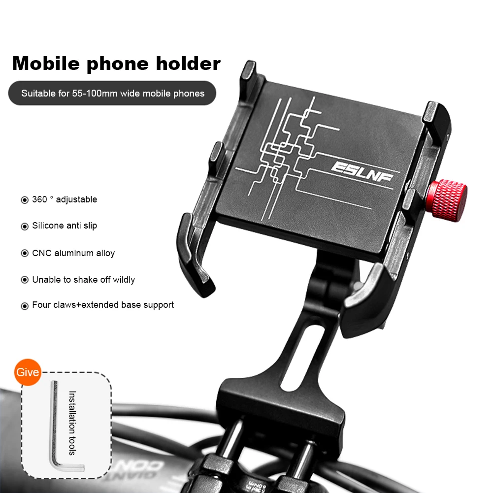 Вращающийся на 360 градусов держатель для велосипедного мобильного телефона из алюминиевого сплава, регулируемый с помощью гаечного ключа для телефона шириной 5-100 мм