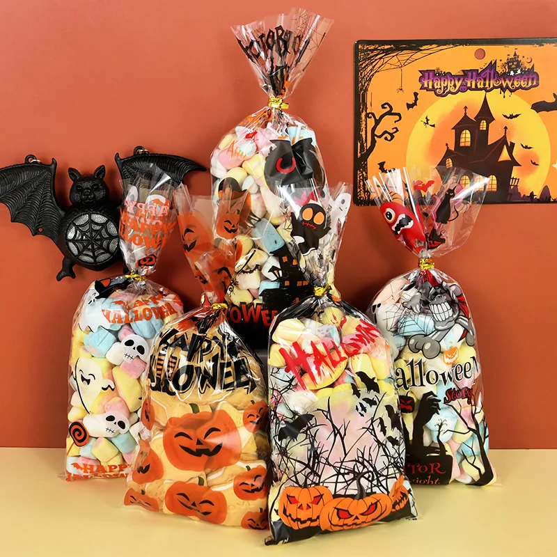 50 ШТ целлофановых мешочков для конфет на Хэллоуин, для вечеринки в честь Хэллоуина, пластиковых прозрачных мешочков для печенья с привидениями из тыквы, детских сувениров