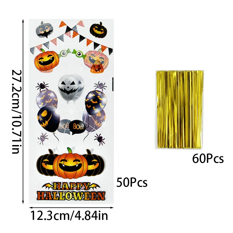 50 ШТ целлофановых мешочков для конфет на Хэллоуин, для вечеринки в честь Хэллоуина, пластиковых прозрачных мешочков для печенья с привидениями из тыквы, детских сувениров