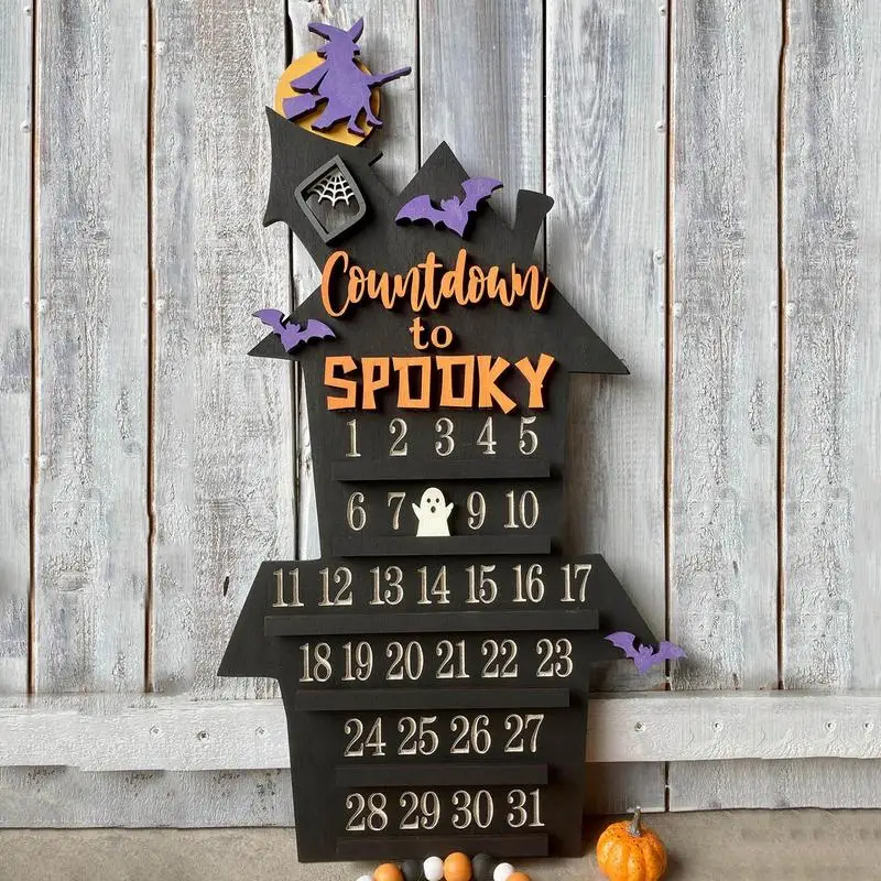 Адвент-календарь на Хэллоуин 2023, Деревянный Детский Адвент-календарь в форме замка, Съемный Календарный Орнамент, Украшение в виде Призрака Летучей мыши, Ведьмы.