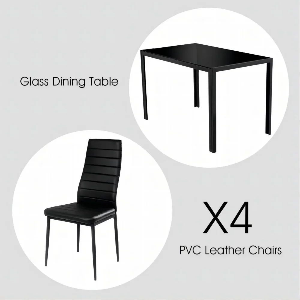 SUGIFT Обеденный набор из 5 предметов, обеденный стол из закаленного стекла с 4 стульями, черный обеденный столовый набор