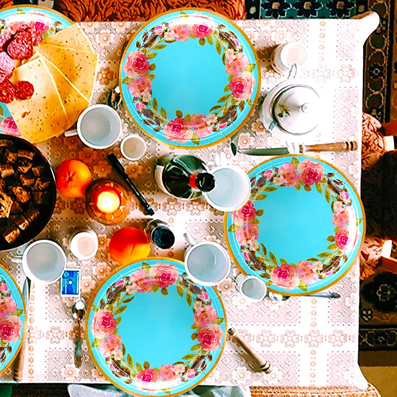 Винтажные принадлежности для свадебного чаепития в цветочек, Синие Бумажные тарелки в цветочек, Тарелки для десертного торта, Обеденные салфетки, Чайные чашки на 9 унций, Кофейные чашки.