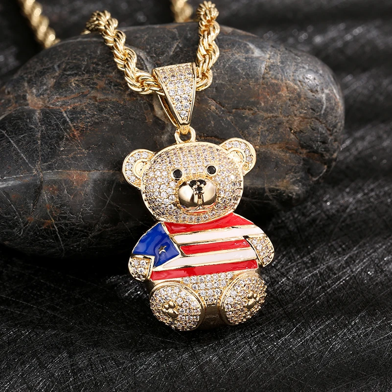 Новое поступление в стиле хип-хоп, 14-каратный позолоченный Пуэрториканский Плюшевый мишка, Циркон, Медные подвески и ожерелья